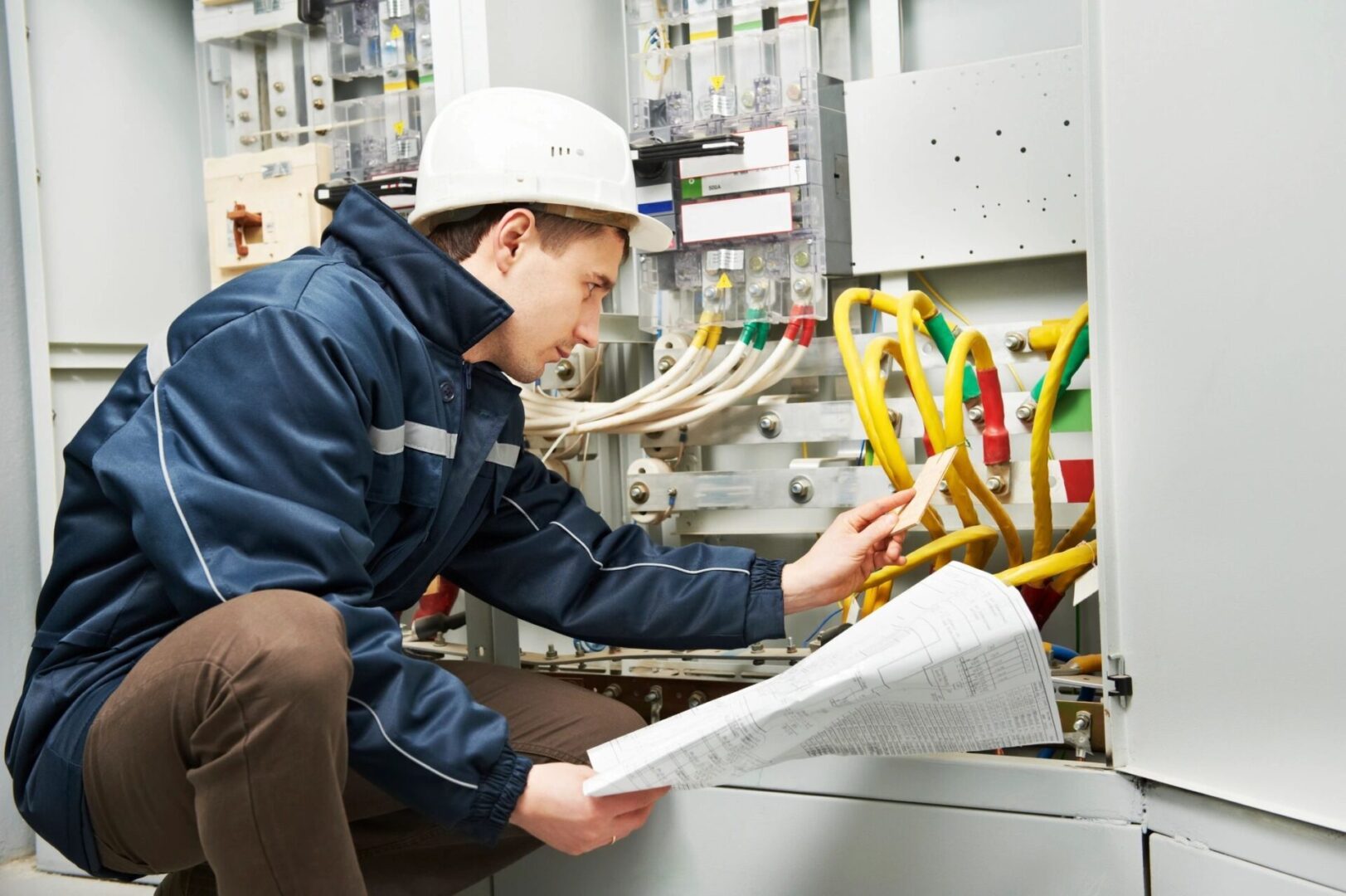 Electrician examining a schematic while working on an industrial power control panel.