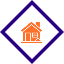 Orange house icon within a diamond-shaped border.