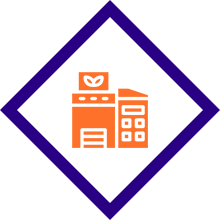 An orange-and-white icon of a stylized building within a diamond-shaped border.